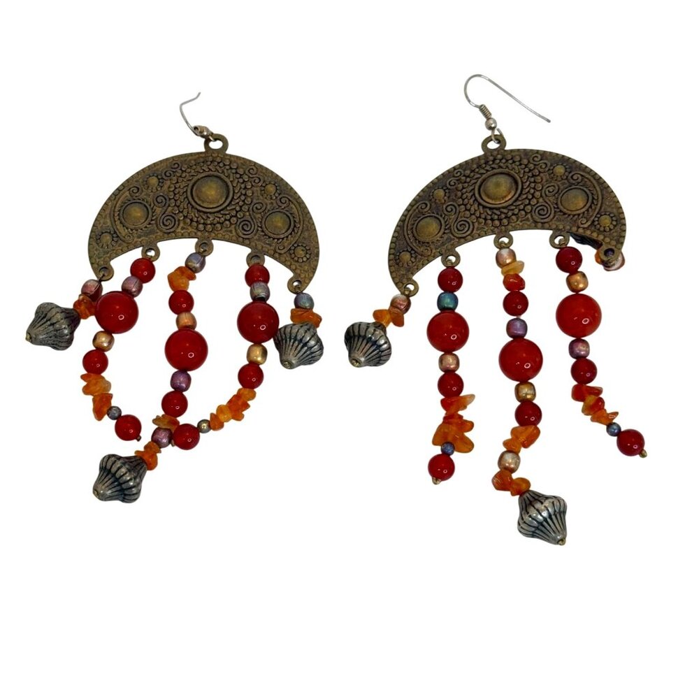 Women Bohemian Dangle Earrings With Red Beads & Antique Gold Accents Y2K Hippie